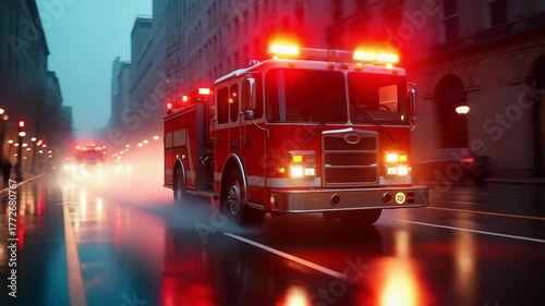 Fire trucks rushing on wet city street, red emergency vehicles with flashing lights speeding through urban area in rainy night