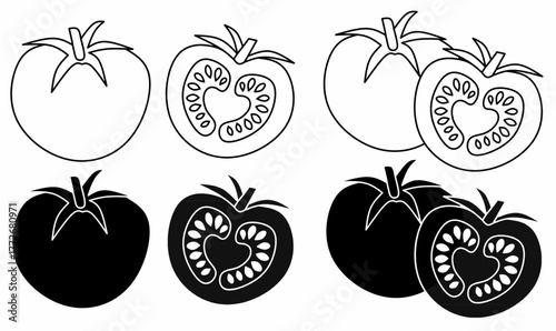 outline silhouette tomato (Solanum lycopersicum) showing whole fruit and cross-section with seeds, leaf,and stem.for food icon, farming, healthy nutrition, or packaging design.