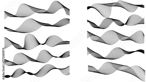 A large set of abstract smooth wavy line blends isolated on a white background. Dynamic wave line blend for design element. Abstract twisted curve lines with blend effect.