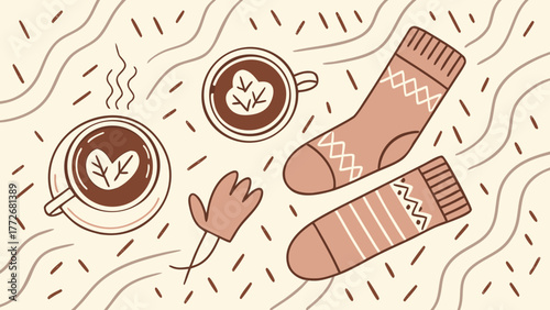 Cozy winter scene with hot drinks, warm socks, mitten and abstract background in soft Clay tones