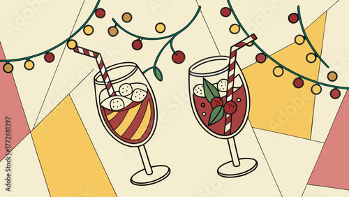 Festive holiday drinks in decorated glasses with straws, ice cubes and berries on colorful geometric background