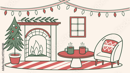 Cozy christmas interior with fireplace, decorated tree, armchair and mugs on table in warm festive atmosphere