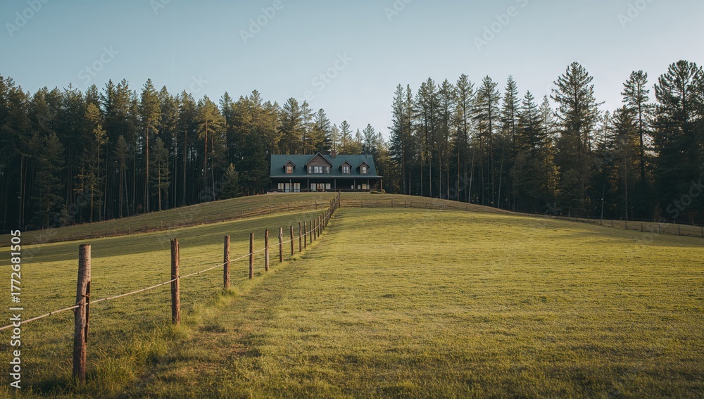 Fototapeta premium A peaceful rural landscape features a modest wooden barrier guiding the way to a house perched atop a gentle slope, surrounded by tall pines and a vast, serene sky.