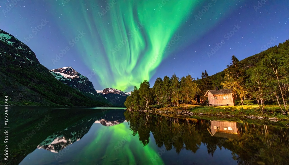 Fototapeta premium Aurora Borealis Dance Over Landscape: Witness the awe-inspiring dance of the Aurora Borealis illuminate the night sky over a serene landscape, a testament to the Earth's natural wonders.