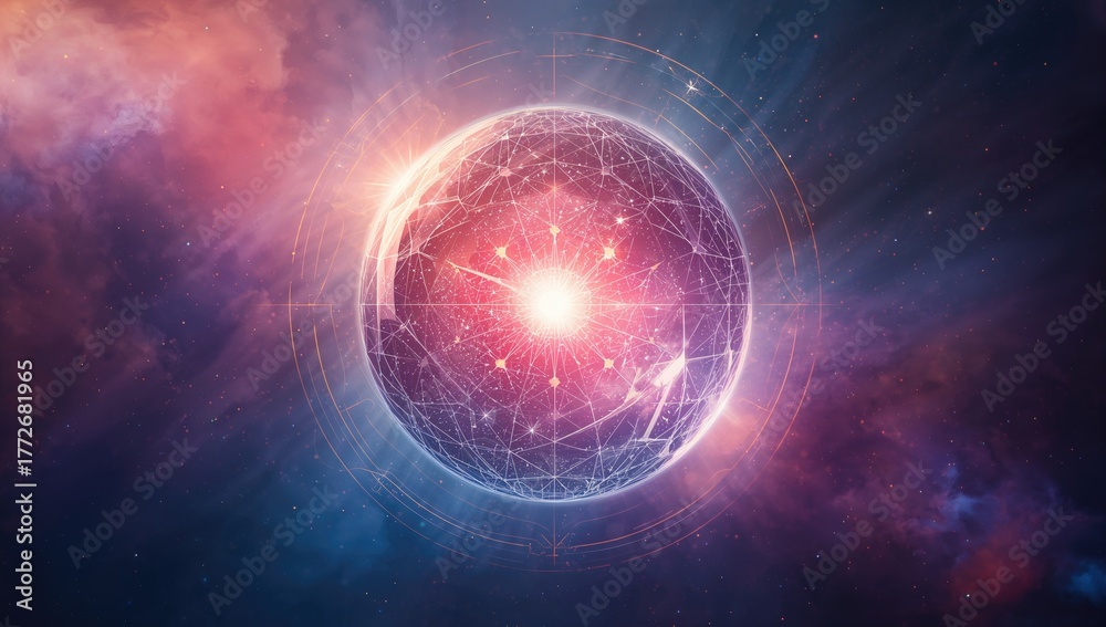 Naklejka premium Energy-filled mystical orb, clairvoyant symbol, mental strength theme, abstract backdrop, illuminated design, cosmic space, futuristic concept, transparent glass