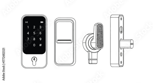 Modern smart lock components showing keypad deadbolt mechanism and exterior handle design vector