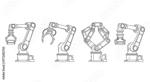 Industrial robotic arms in various gripping positions for manufacturing and automation technology concepts vector