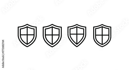 Four simple outline shield icons representing security protection and safety assurance vector