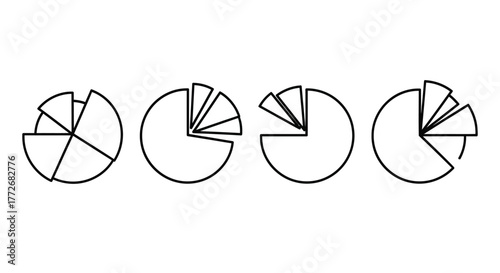 Four hand drawn pie chart segments showing different proportions and growth over time vector