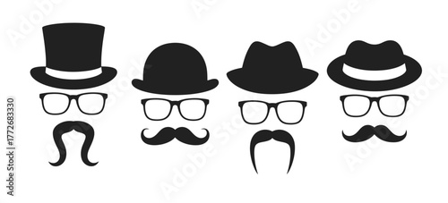 Minimalist monochrome illustration of gentleman's accessories stylish hats glasses and mustaches vector
