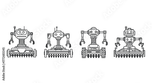 Retro futurism four unique hand drawn vintage robots showcasing mechanical design and whimsy vector