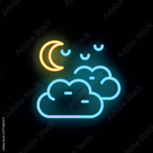 Neon sign representing a crescent moon shining over some clouds in the night sky