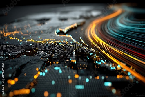 Glowing digital landscape with data streams of orange and teal on a grid