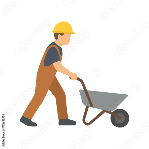 vector flat worker pushing wheelbarrow on white background