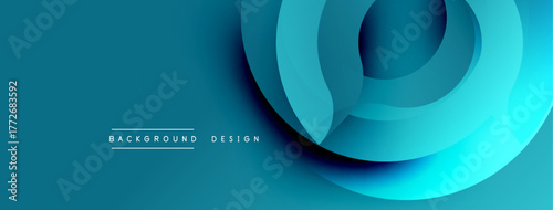 Abstract blue layers create dynamic visual effect. Smooth gradients suggest depth, modern aesthetic. Minimal text complements design.