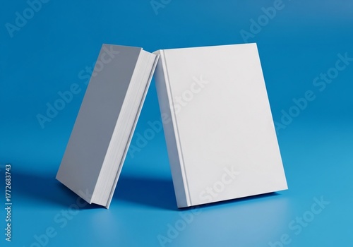 Two blank white hardcover books leaning together on a vibrant blue background as a template for a mockup