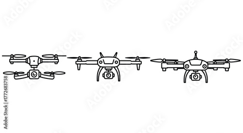 Three distinct drones illustrated with simple line art for technology and aviation concepts vector