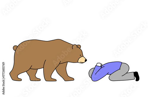 迫ってくる熊からしゃがんで小さくなり身を守る男性のシンプルな線画ベクターイラスト