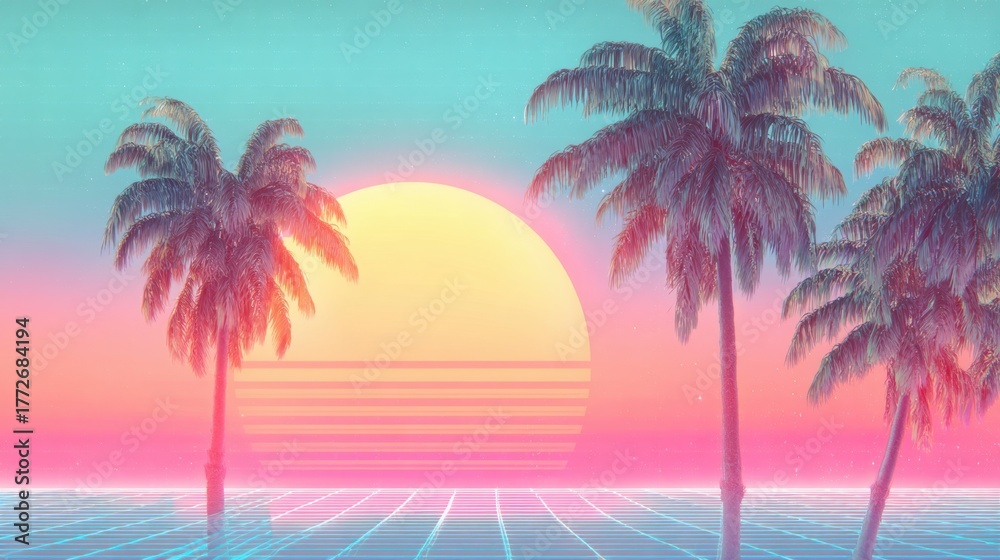 Naklejka premium A stunning sunset casts vibrant hues of pink and orange across the sky and water. Palm trees frame the scene, creating a serene tropical atmosphere at dusk.