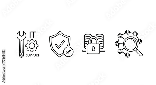 Digital security and support icons wrench shield lock search molecule data technology icons set vector