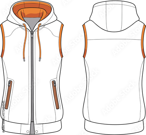 Vest, sleeveless, hoodie, hooded, jacket, zipper, fashion, apparel, clothing, unisex, garment, casual, wear, template, design, front, back, view, vector, illustration