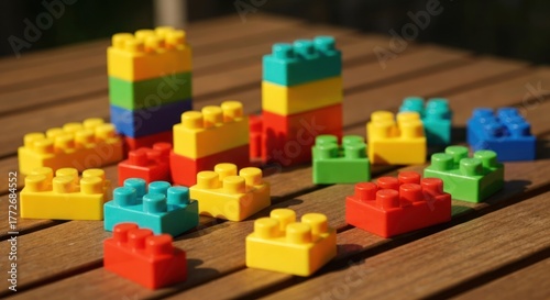 Colorful plastic building blocks scattered on a light brown wooden table, various sizes and colors including red, yellow, blue, green, and orange.