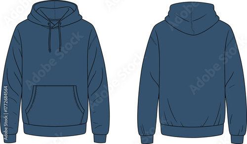 Hoodie, sweatshirt, pullover, blue, fashion, apparel, clothing, casual, wear, unisex, garment, blank, template, design, front, back, view, vector, flat, illustration