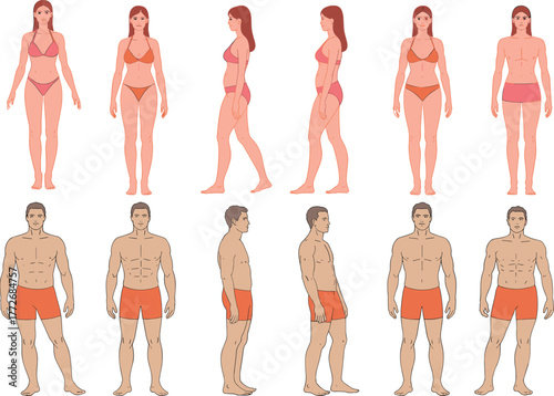 Male and female body silhouettes, front side three quarter views, technical flat sketch, CAD drawing, vector outline, anatomy template, apparel illustration