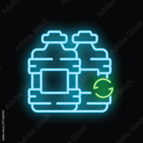 Glowing neon line icon representing two water cooler bottles, one with a recycling symbol, conveying the importance of recycling plastic
