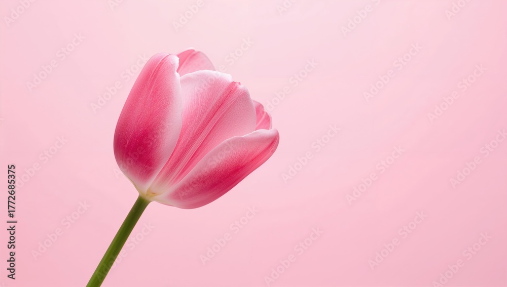 Obraz premium Elegant pink tulip flower against a soft pink backdrop, ideal for floral-themed designs