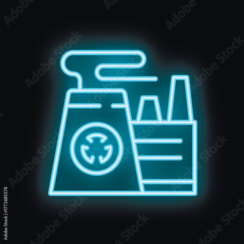 Glowing blue neon icon of a waste recycling plant processing trash and reducing pollution