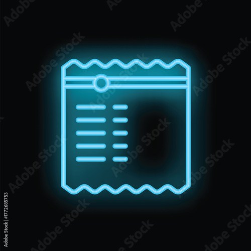 Neon blue shopping list icon is glowing against a black background