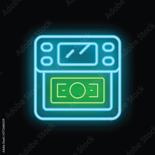 Glowing blue neon atm machine dispensing green banknotes on a black background