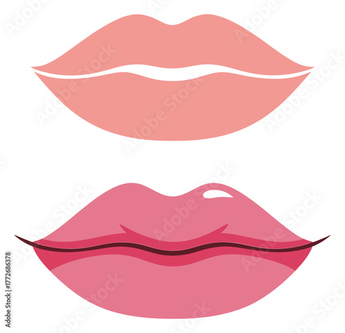 Stylized pink female lips vector illustration set with flat and detailed options isolated on white