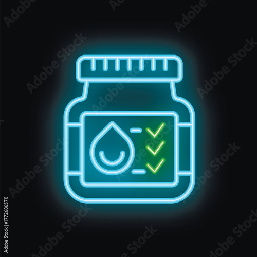 Glowing neon icon of a water bottle featuring a purity checkmark, emphasizing quality and safety