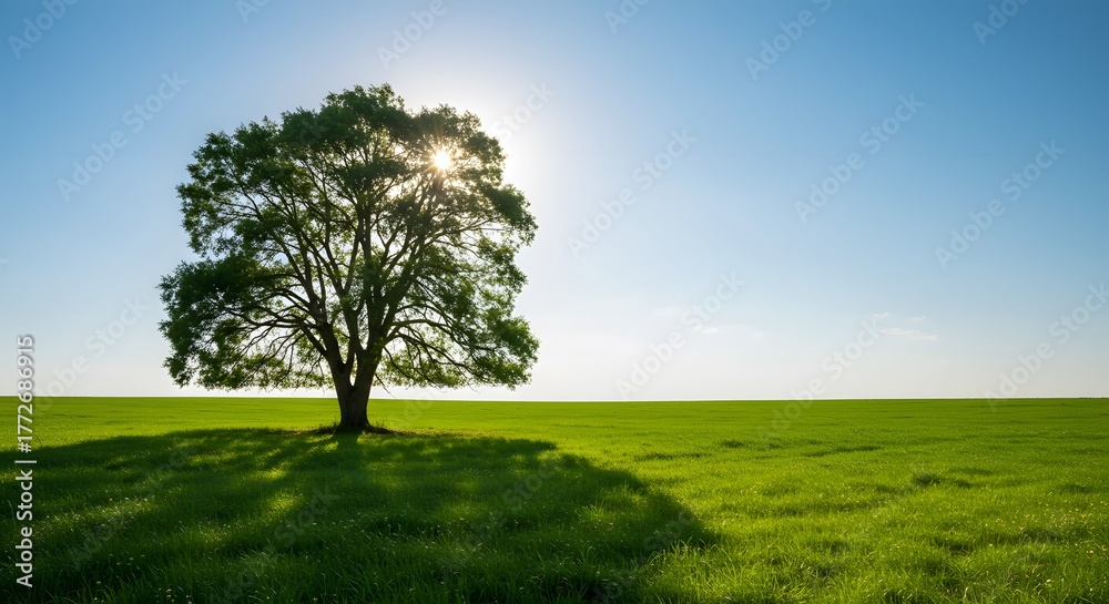 Obraz premium A solitary tree basks in the sun, casting a shadow across a vast, green meadow
