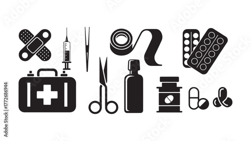 Medical First Aid Kit Icons Silhouette | Healthcare, Medicine, and Emergency Supplies Vector Set.