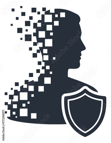 Digital Identity Security Icon Abstract human profile dissolving into pixels with a protective shield Data protection and anonymity vector