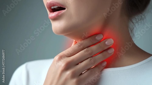 Young woman with neck pain, close-up of her hand touching the area near her chin and throat in red color