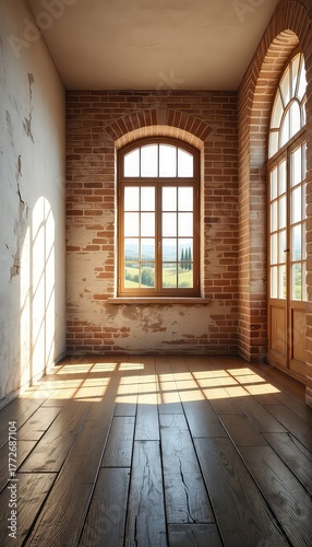 Sunlight streams through arched windows illuminating the rustic interior with brick walls and a weathered wooden floor