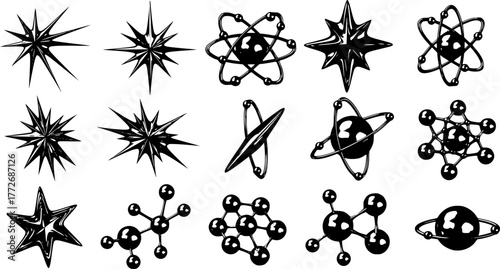 Liquid chrome y2k icons. Abstract shiny metallic shapes star rays, atomic orbit and molecular structures 3D elements vector set