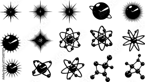 Liquid chrome y2k icons. Abstract shiny metallic shapes star rays, atomic orbit and molecular structures 3D elements vector set