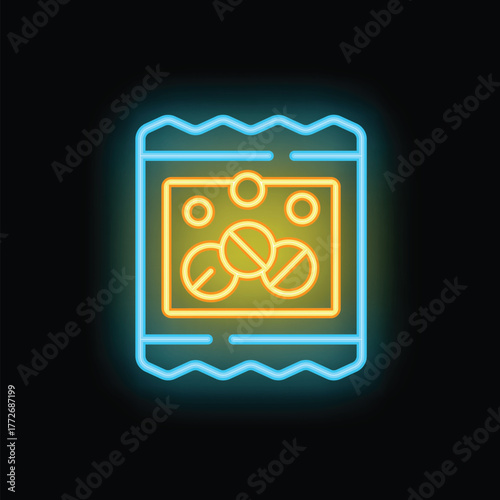 Neon glowing icon of medical drugs blister pack isolated on a dark background