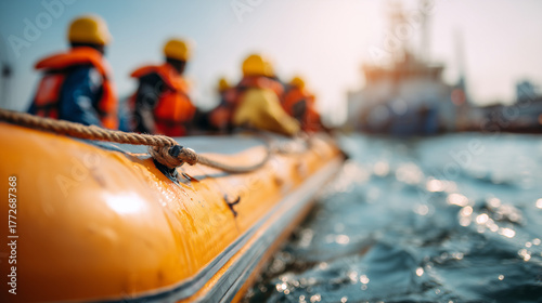 Rescue boat with crew wearing life jackets navigating on sea water, symbolizing safety, teamwork, and emergency response