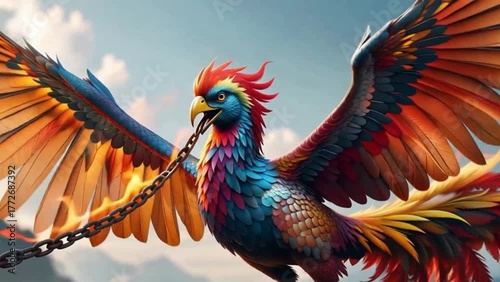 This striking, brightly colored mythical bird, featuring vibrant blue, red, and yellow feathers, struggles in the air with a heavy iron chain clasped in its beak. Its massive wings are fully extended 
