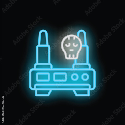 Blue glowing neon router with skull and crossbones showing cyber crime