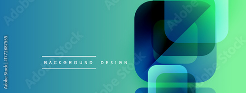 Abstract gradient banner. Blue, green hues blend smoothly. Geometric shapes overlap creating modern visual effect. Minimalist design.