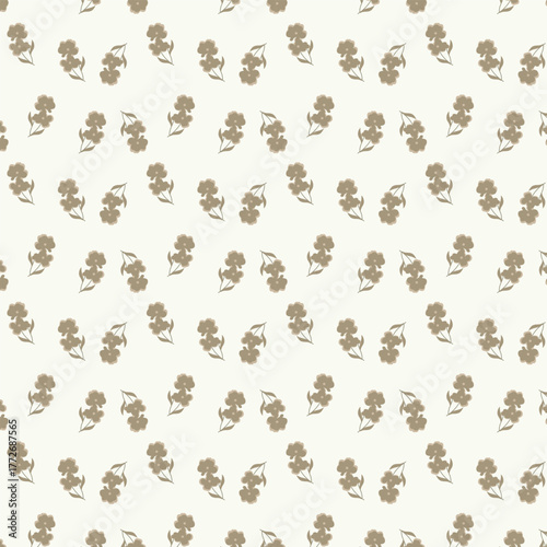 Seamless Floral Pattern with Stylized Brown Flowers and Green Leaves on Light Background – Elegant Vintage Botanical Repeat for Fabric, Wallpaper, Stationery, and Surface Design