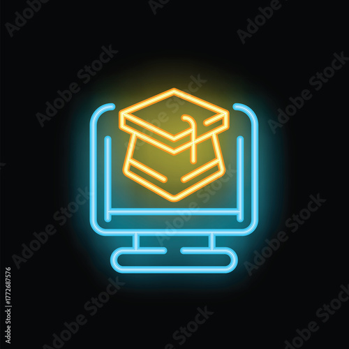 Bright neon icon of graduation hat appearing on a computer screen representing online education