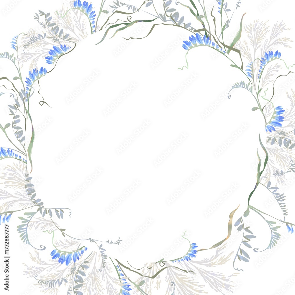 Obraz premium Watercolor floral wreath featuring wild meadow flowers and blue vetch branches. Elegant botanical frame ideal for invitations, logos, packaging, branding, and seasonal graphic design projects